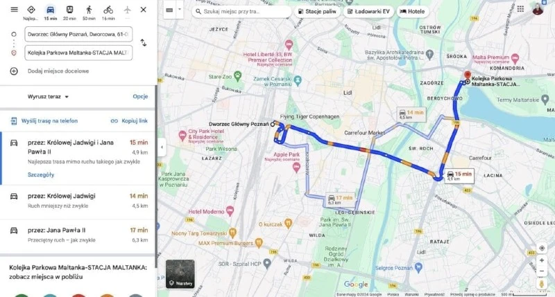 Screenshot Google Maps – wyszukiwanie trasy