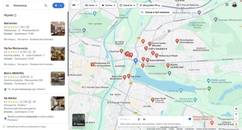 Screenshot Google Maps – wyszukiwanie restauracji